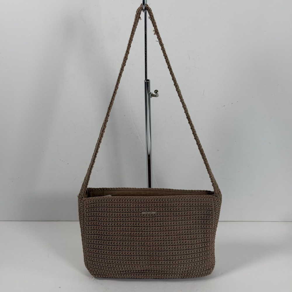 The Sak Taupe Beige Crochet Knit Shoulder Bag Purse Boho Minimalist Zip Closure
